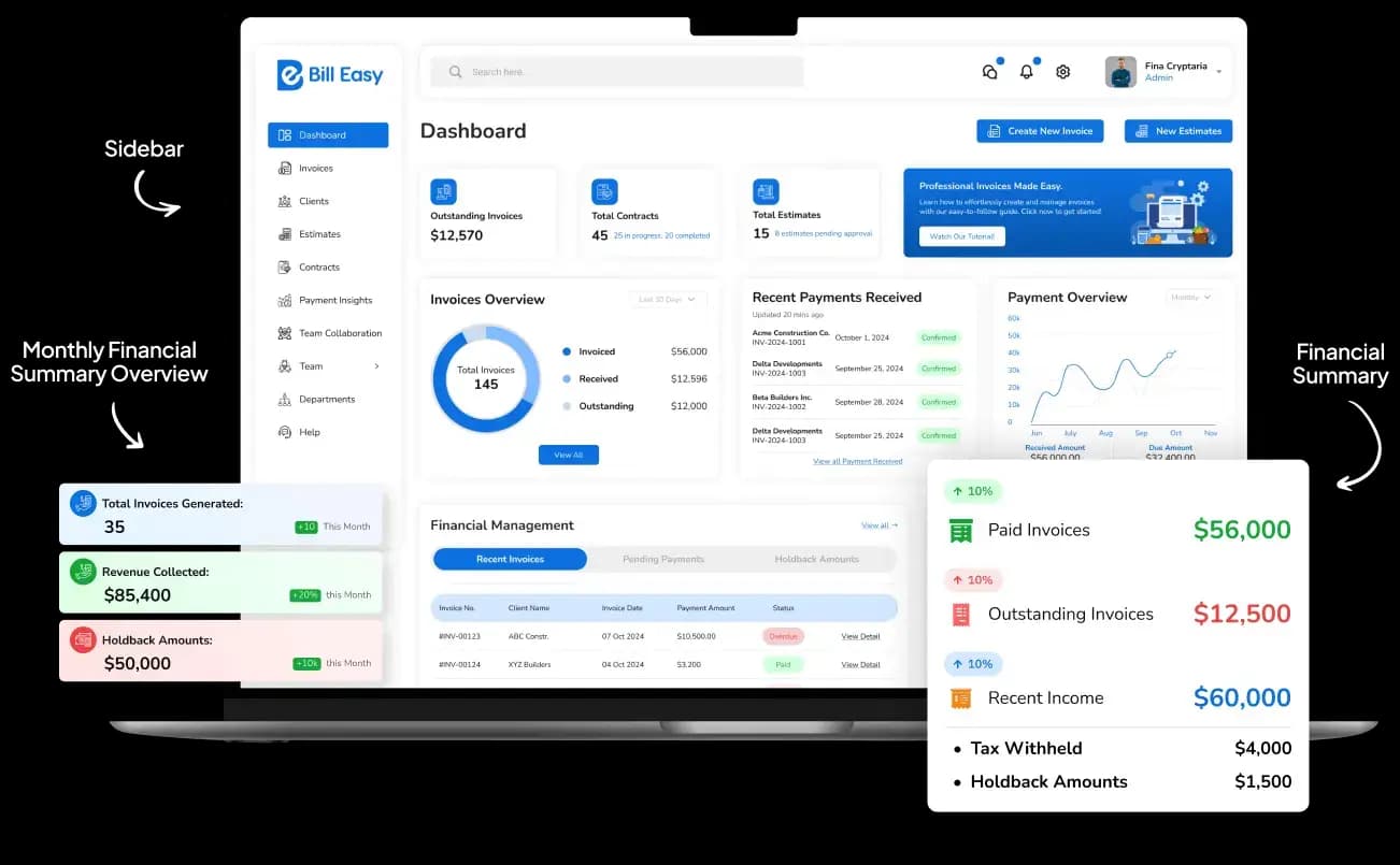 Bill Easy construction management software dashboard